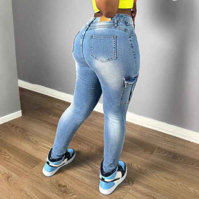 Women's High-waisted stretchy Cargo Skinny Jeans with drawstring waistband Fashion Glam