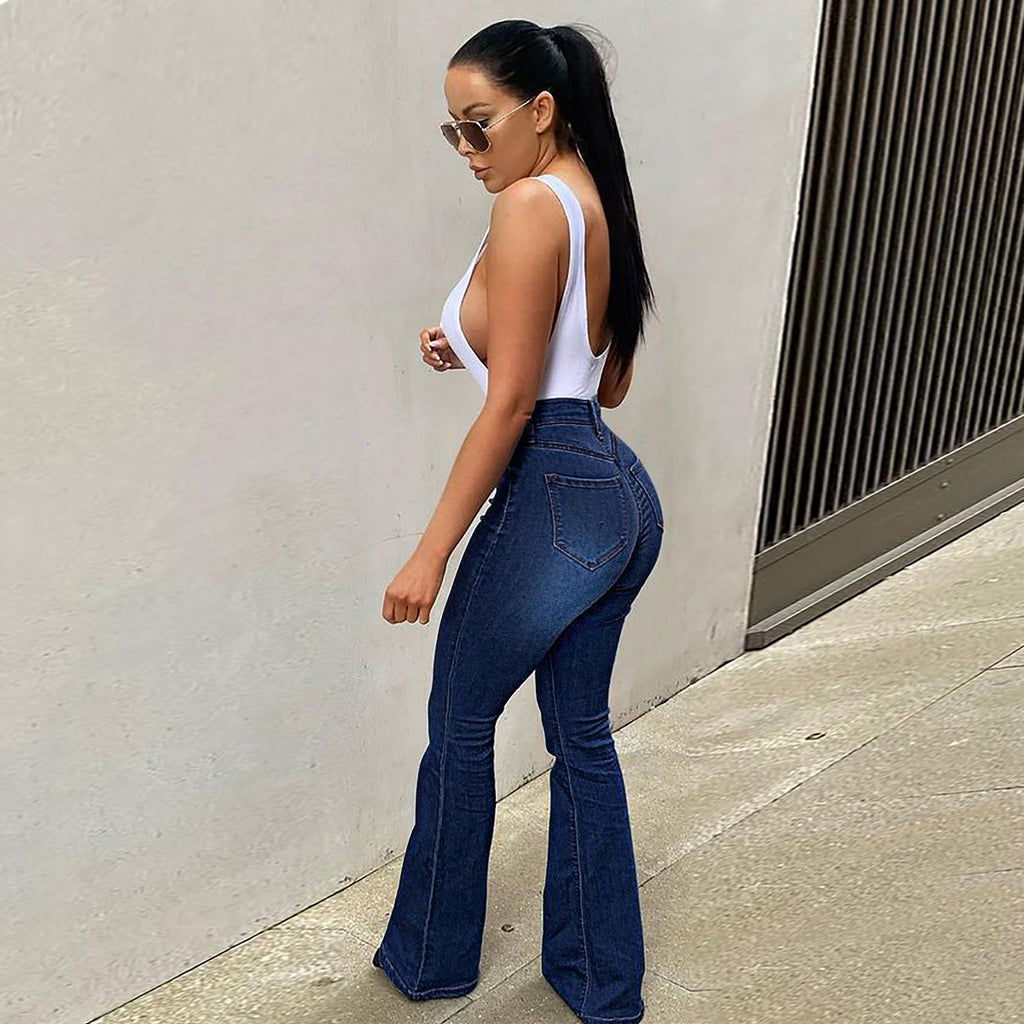 Women's High-Waisted Stretch Jeans with Flared Leg and Figure-Flattering Fit Fashion Glam