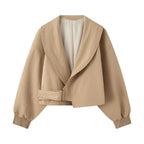 Women's short jacket with wide shawl collar, tailored tie belt and balloon sleeves Fashion Glam