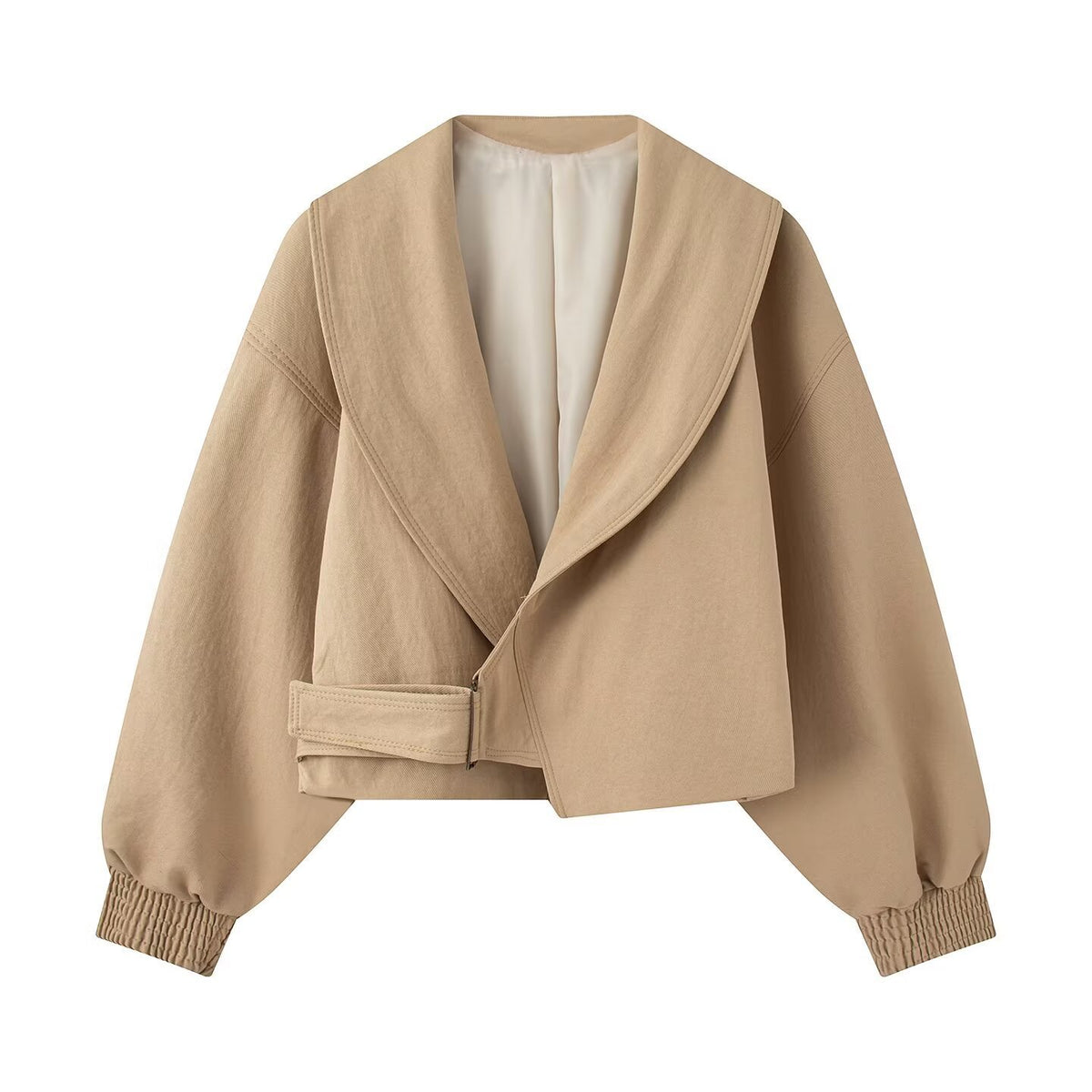 Women's short jacket with wide shawl collar, tailored tie belt and balloon sleeves Fashion Glam