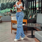 Women's casual cargo denim baggy trousers with extra-large flap pockets and straight leg Fashion Glam