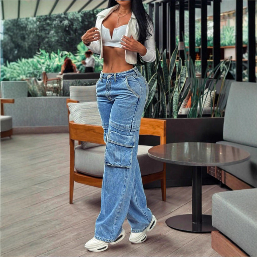 Women's casual cargo denim baggy trousers with extra-large flap pockets and straight leg Fashion Glam