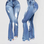 Ladies pearl-embellished high-waist flared jeans with destroyed details and raw hem Fashion Glam