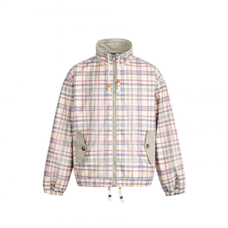 Women Lightweight Checkered Stand Collar Jacket with Drawstring and Flap Pockets Fashion Glam