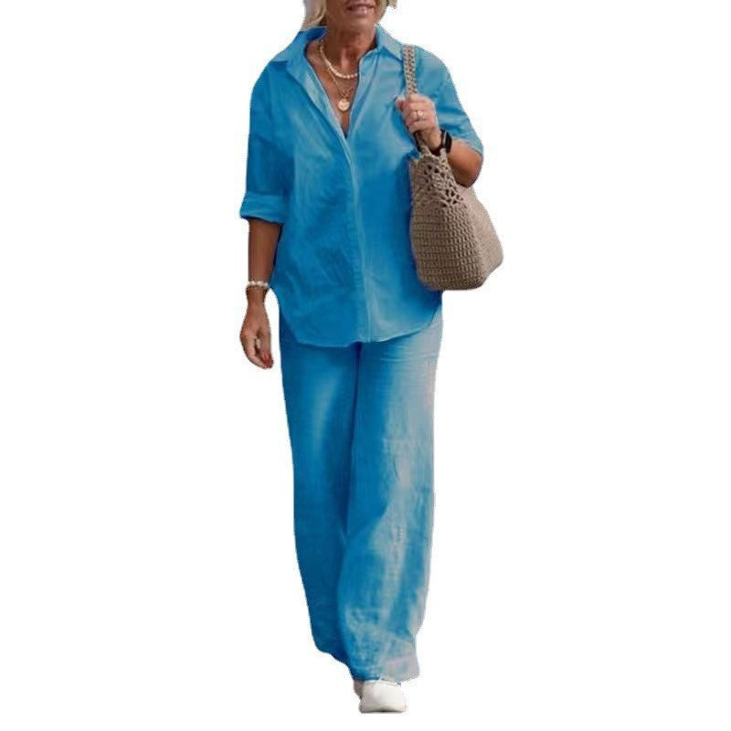 Women's Lightweight Linen Look Two-Piece with Oversized Shirt and Wide Palazzo Pants Fashion Glam