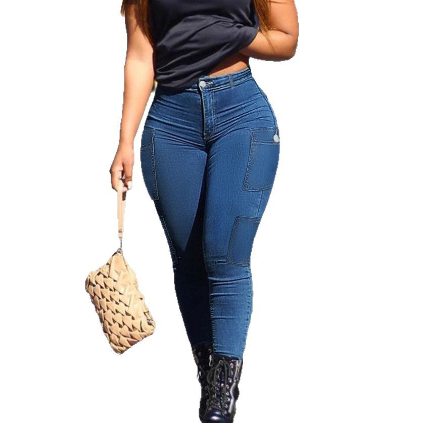 Women's High-Waisted Sculpting Skinny Jeans with Flat Cargo Pockets and Shaping Waistband Fashion Glam