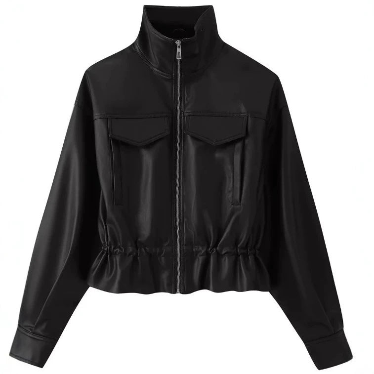 Women cropped faux leather jacket with stand collar, zipper and tailored smocking Fashion Glam