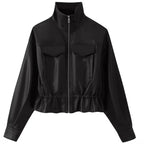 Women cropped faux leather jacket with stand collar, zipper and tailored smocking Fashion Glam