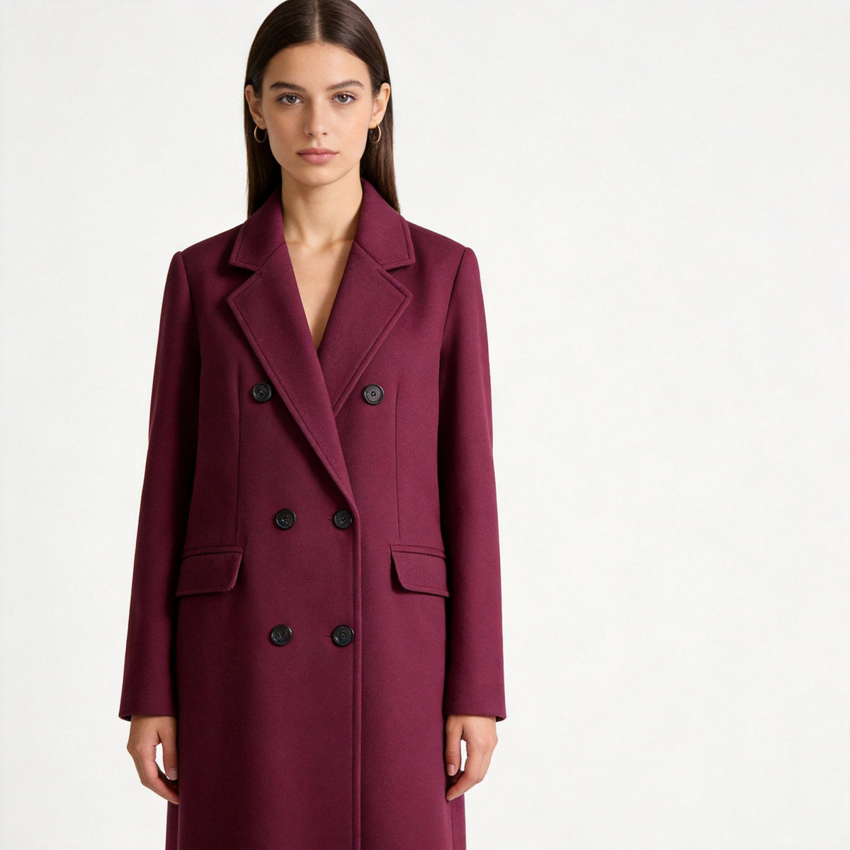 Ladies Double-breasted tailored wool blend coat with lapel collar and flap pockets Fashion Glam