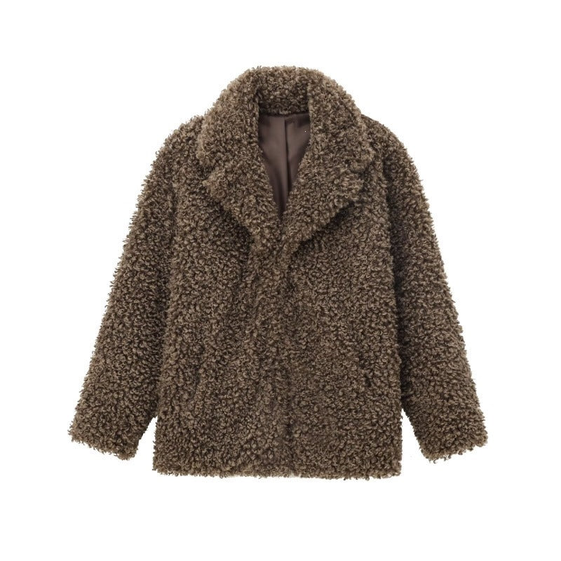 Women's Oversized Faux Fur Teddy Jacket with Shawl Collar and Lined Interior Fashion Glam
