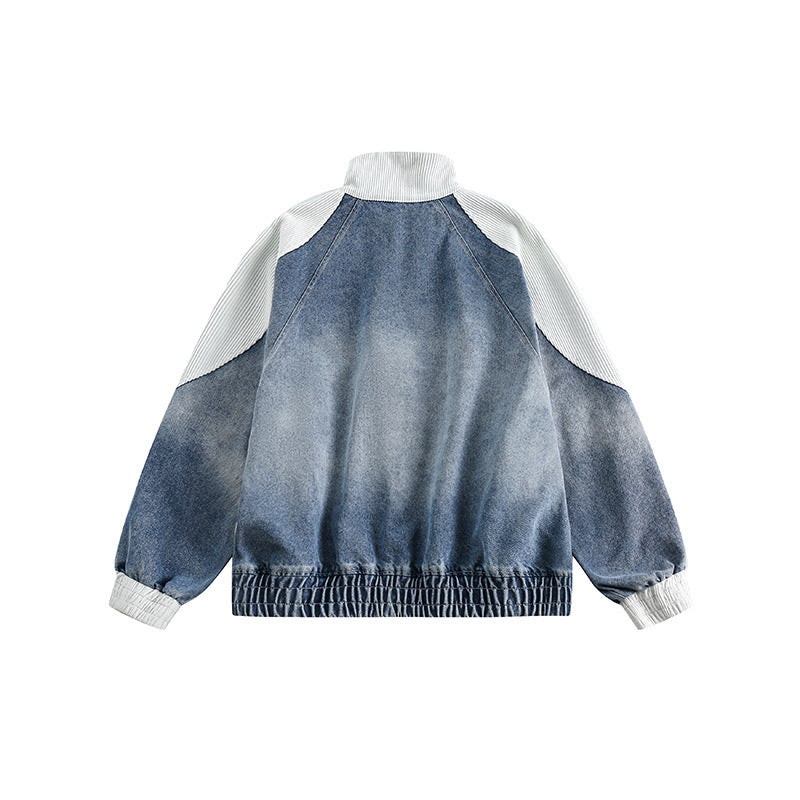 Unisex Boxy Jeans Jacket in Patchwork Look with Stand-Up Collar and Zipper Fashion Glam