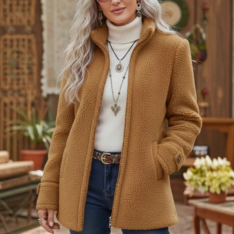 Women Cozy Teddy Cardigan Coat with Stand-Up Collar, Hidden Zipper and Decorative Button Cuffs Fashion Glam