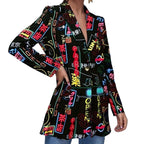 Women's Printed Long Blazer with Graphic Street Art Pattern and Tailored Fit Fashion Glam