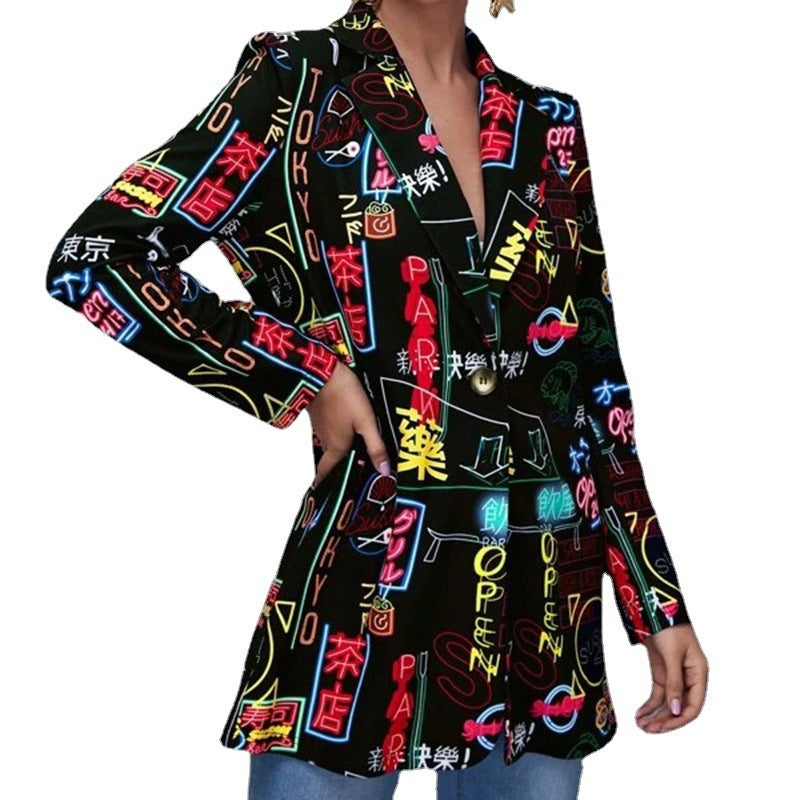 Women's Printed Long Blazer with Graphic Street Art Pattern and Tailored Fit Fashion Glam