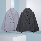 Women Boxy Wool Blend Cape Coat with Wide Shawl Collar and Double Button Placket Fashion Glam
