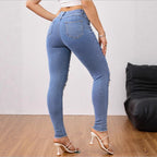 Women Pearl-Embellished High-Waist Skinny Jeans with Knee Rips and Raw Hem Fashion Glam
