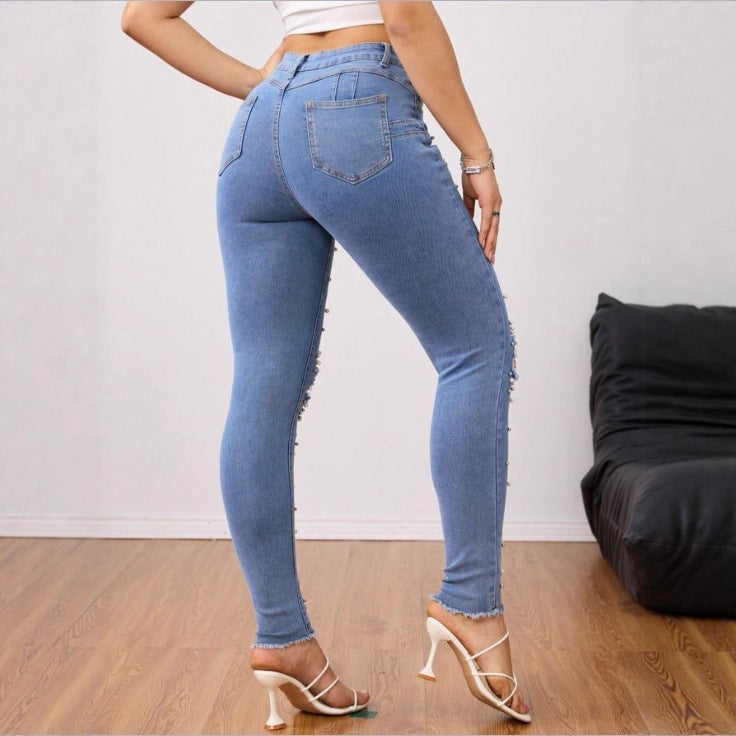 Women Pearl-Embellished High-Waist Skinny Jeans with Knee Rips and Raw Hem Fashion Glam