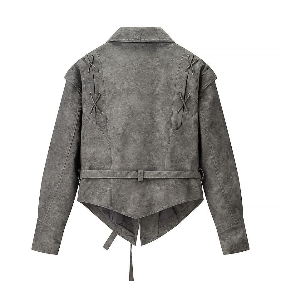 Women's Tailored Suede Blazer with Tie Belt and Lacing Detail Fashion Glam