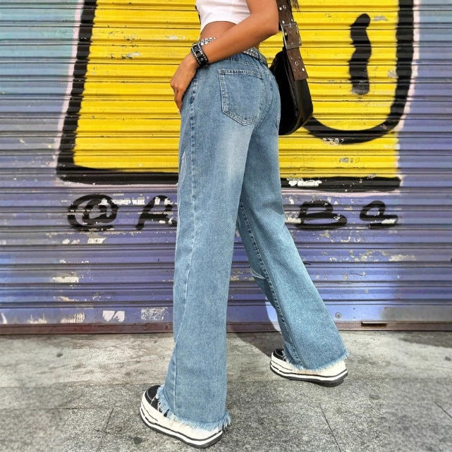 Women wide denim jeans with tribal appliqué, raw hem and relaxed fit Fashion Glam