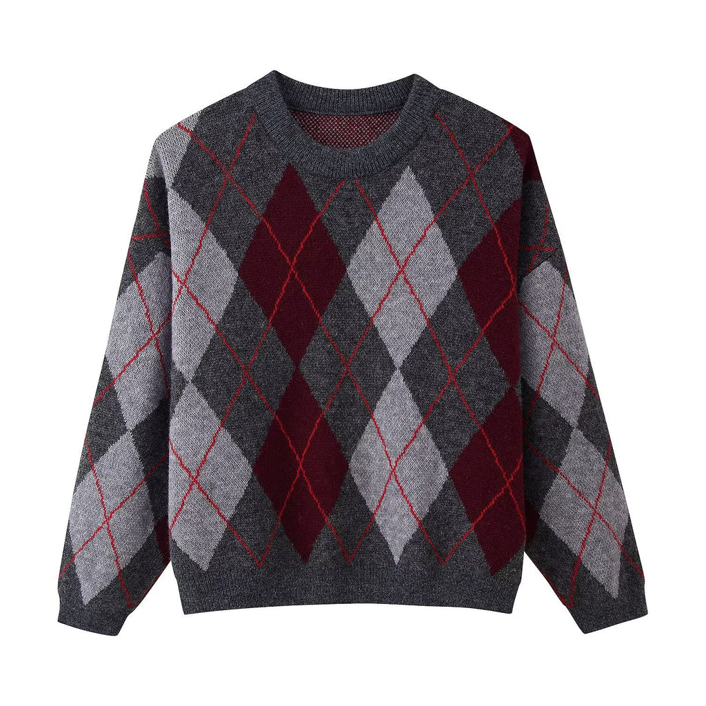 Women's Diamond Argyle Knit Sweater with Round Neck and Slightly Oversized Cut Fashion Glam