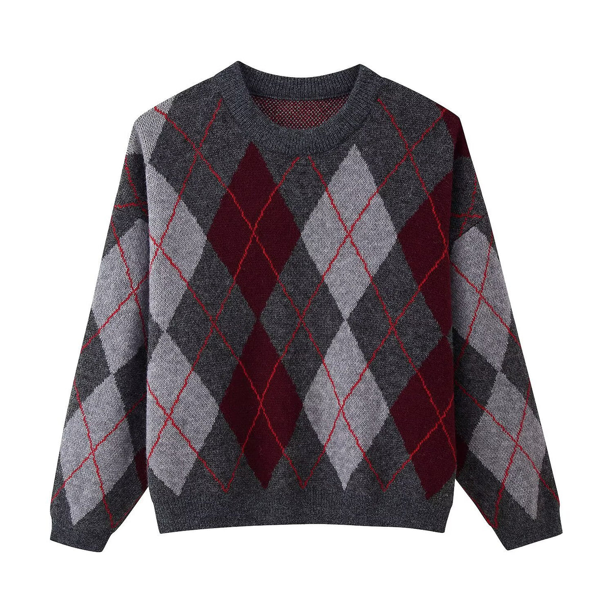 Women's Diamond Argyle Knit Sweater with Round Neck and Slightly Oversized Cut Fashion Glam