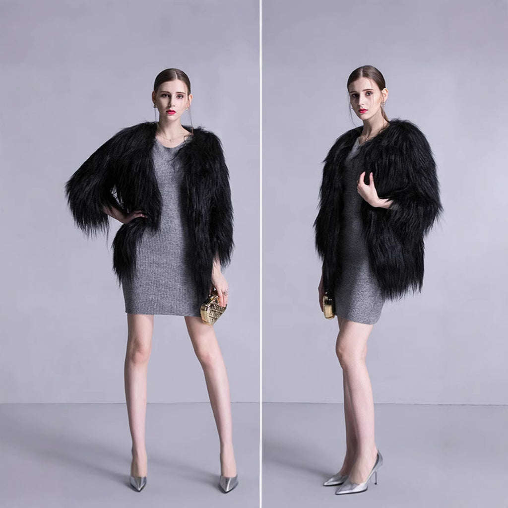 Women Long-Pile Faux Fur Coat with Open Front and Elegant Silhouette Fashion Glam