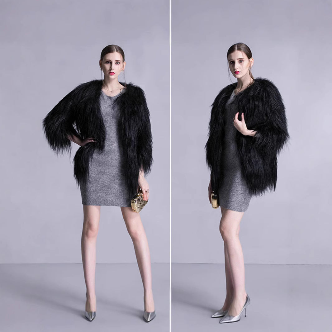 Women Long-Pile Faux Fur Coat with Open Front and Elegant Silhouette Fashion Glam