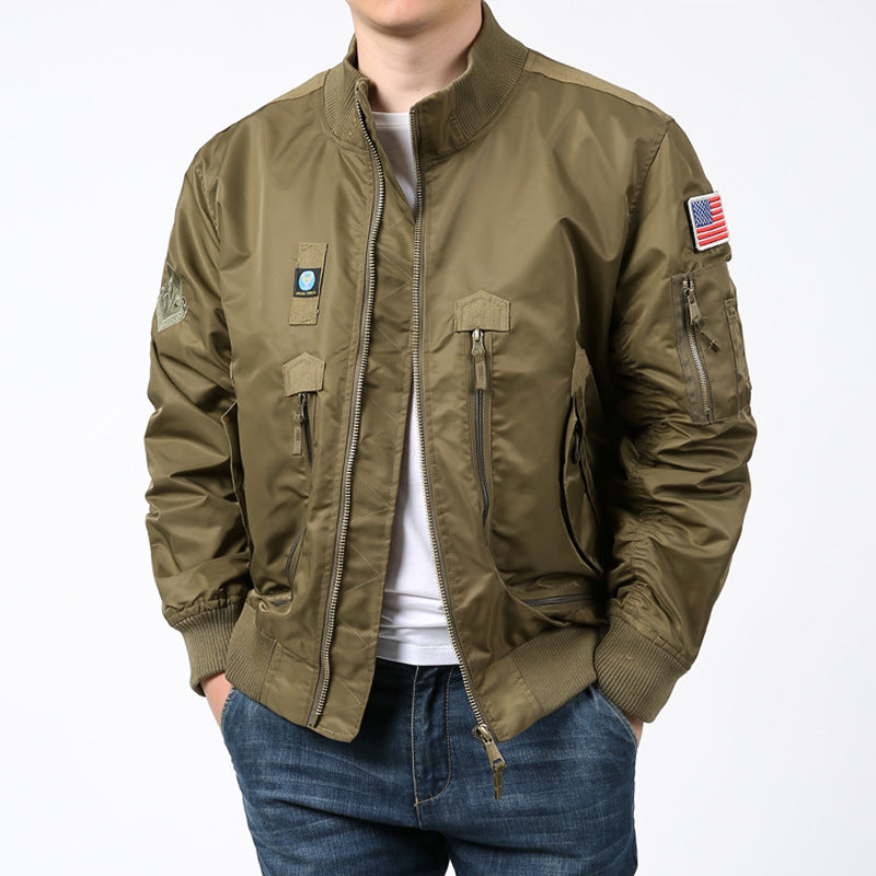 Men's Nylon Bomber Jacket Pilot Style with Multiple Pockets, Sleeve Utility Pocket and Ribbed Cuffs Fashion Glam