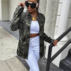Women Oversize Camouflage Denim Jacket in Extended Cut with Frayed Hem Fashion Glam