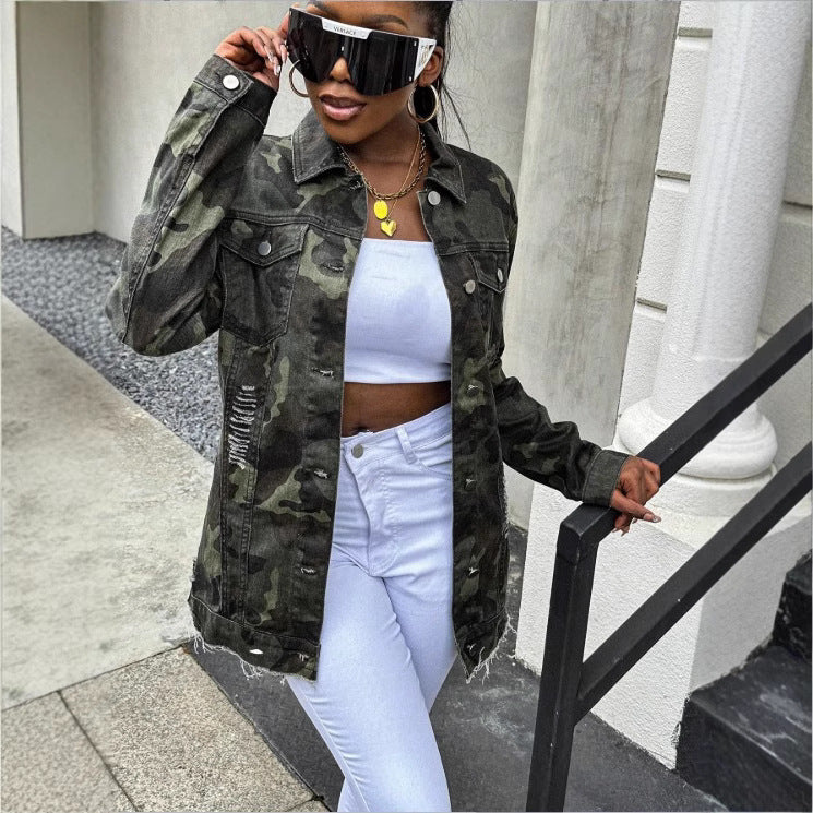 Women Oversize Camouflage Denim Jacket in Extended Cut with Frayed Hem Fashion Glam