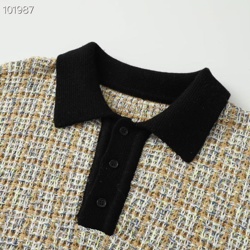 Women's Fine Knit Polo with Tweed Look, Long Sleeve and Contrasting Collar Fashion Glam