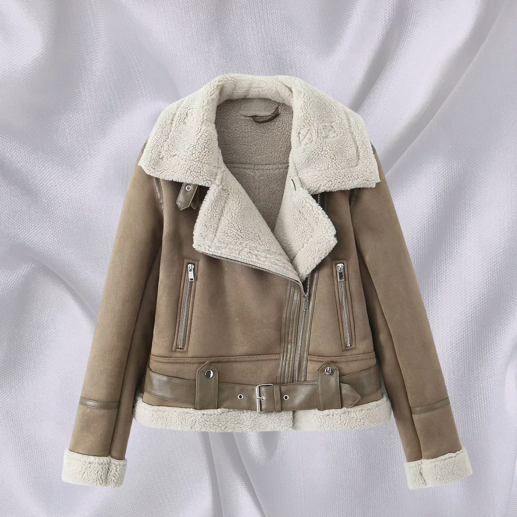 Women's Short Cut Lambskin Imitation Biker Jacket with Asymmetric Zipper, Belt and Teddy Lining Fashion Glam
