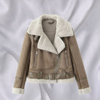 Women's Short Cut Lambskin Imitation Biker Jacket with Asymmetric Zipper, Belt and Teddy Lining Fashion Glam