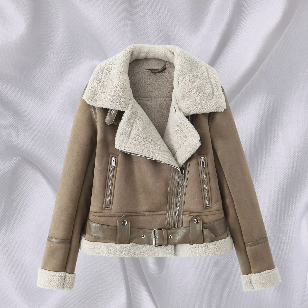 Women's Short Cut Lambskin Imitation Biker Jacket with Asymmetric Zipper, Belt and Teddy Lining Fashion Glam