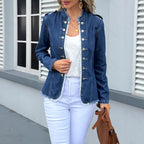 Women's tailored denim jacket with fringe trim and decorative button placket Fashion Glam
