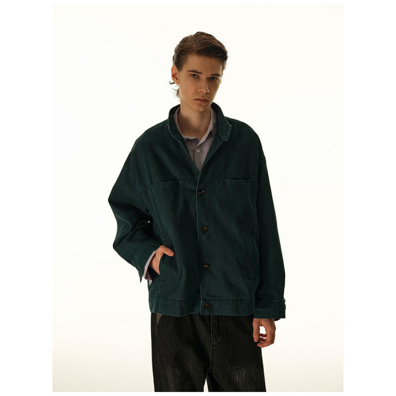 Men's Loose Canvas Overshirt with Stand-Up Collar, Patch Pockets and Distinctive Stitching Details Fashion Glam