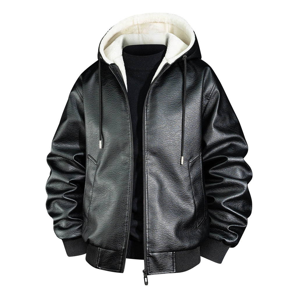 Men's leather bomber jacket with teddy lining and hood Fashion Glam