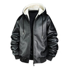 Men's leather bomber jacket with teddy lining and hood Fashion Glam