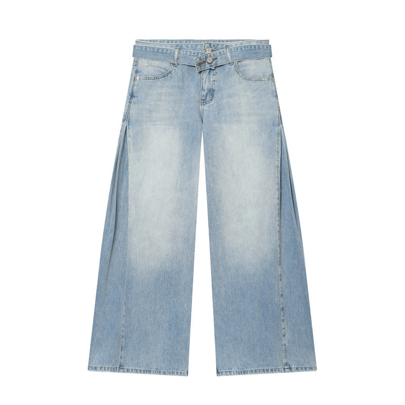 Women Wide Denim Pants with Side Pleat Inserts, High Waist and Waist Belt Fashion Glam