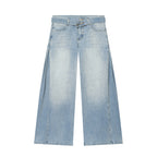 Women Wide Denim Pants with Side Pleat Inserts, High Waist and Waist Belt Fashion Glam