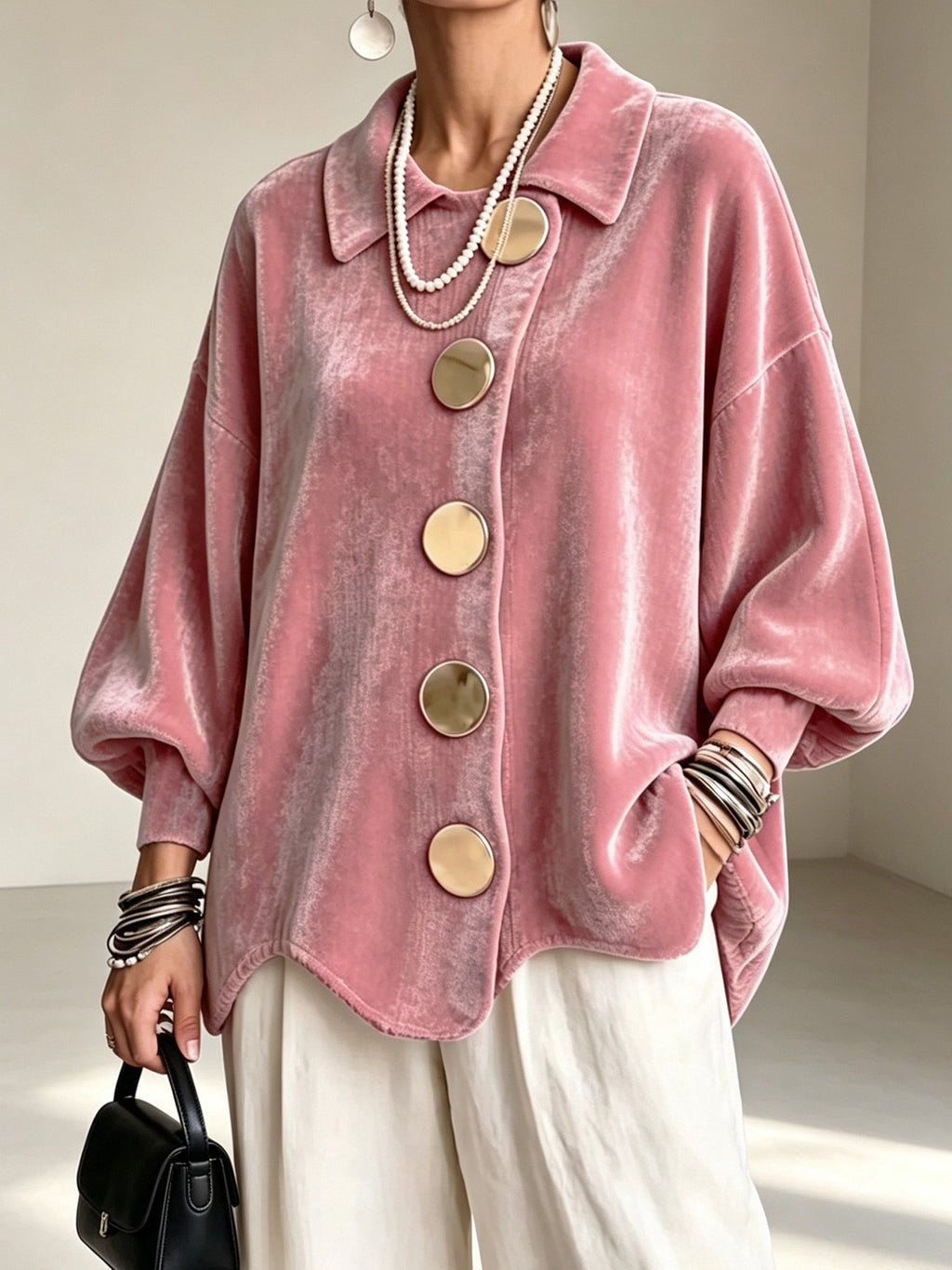 Women's Oversized Velvet Jacket with Large Decorative Buttons and Balloon Sleeves Fashion Glam