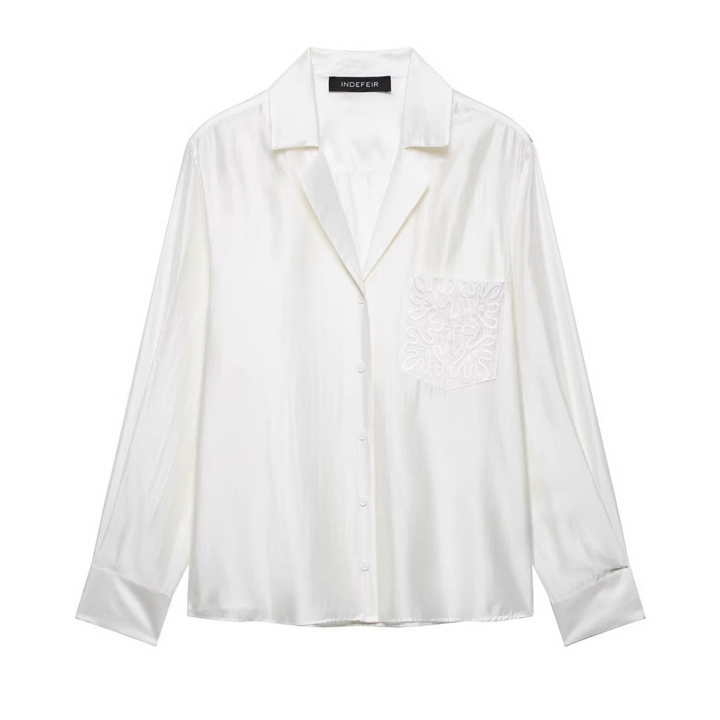 Women's Loose Satin Shirt with Notched Collar and Embroidered Chest Pocket Fashion Glam