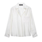 Women's Loose Satin Shirt with Notched Collar and Embroidered Chest Pocket Fashion Glam