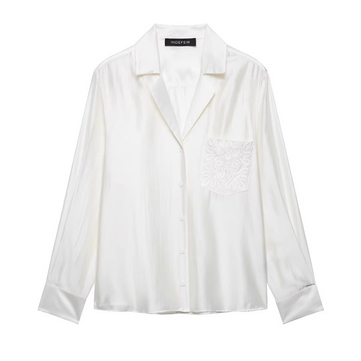 Women's Loose Satin Shirt with Notched Collar and Embroidered Chest Pocket Fashion Glam