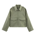 Women's Short Cut Utility Jacket in Military Look with Flap Pockets, Epaulettes and Zipper Fashion Glam