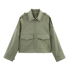 Women's Short Cut Utility Jacket in Military Look with Flap Pockets, Epaulettes and Zipper Fashion Glam