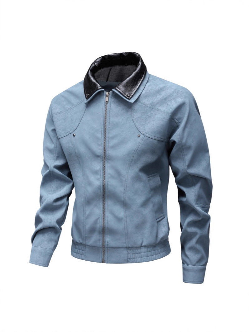 Men's Vintage-inspired Faux Leather Blouson Jacket with Contrast Collar Fashion Glam