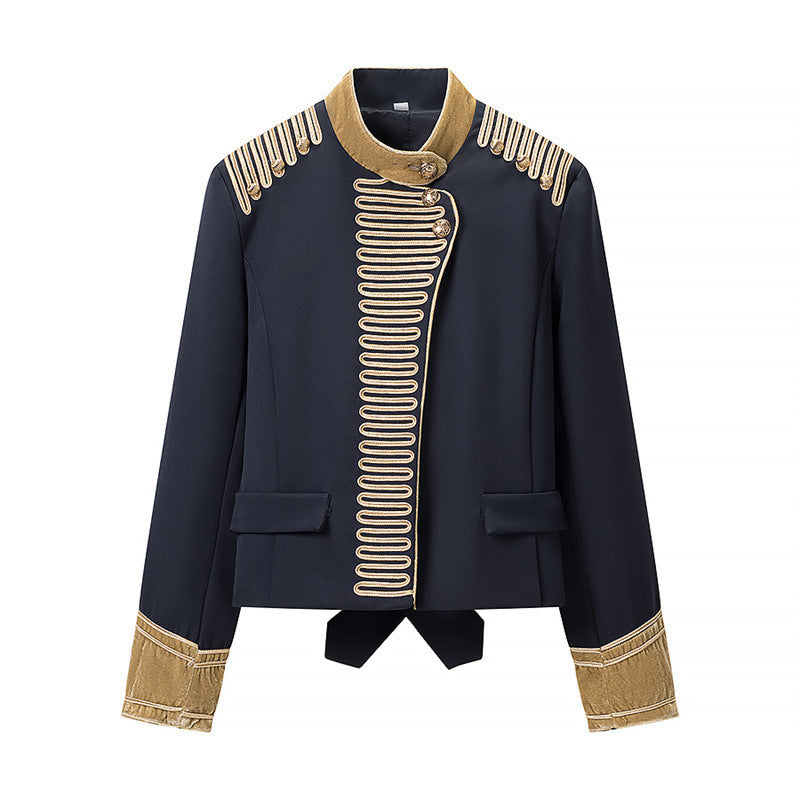Women's short military-inspired jacket with stand-up collar, decorative cords, and gold-trimmed cuffs Fashion Glam