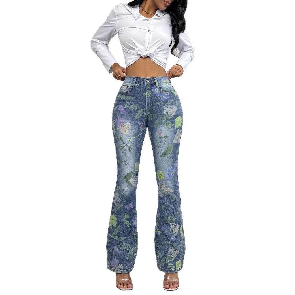 Women's High-Waisted Floral Print Denim Jeans in Light Flared-Straight Cut Fashion Glam