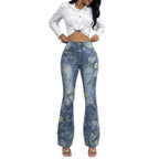 Women's High-Waisted Floral Print Denim Jeans in Light Flared-Straight Cut Fashion Glam